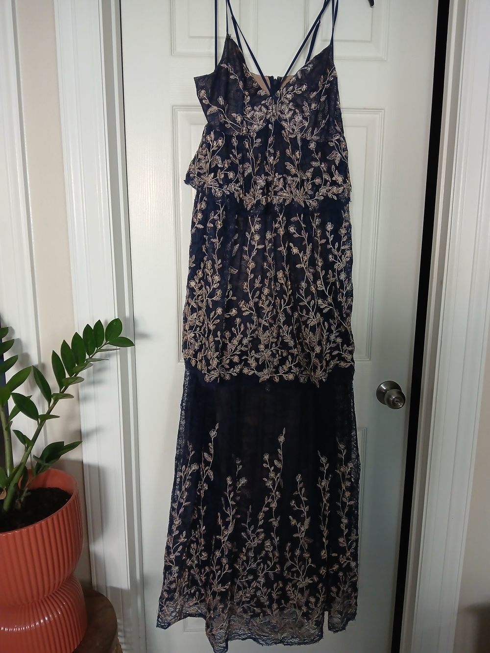 BCBGMaxAzria Navy Maxi Dress with Champagne Floral Embroidery